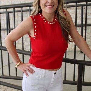 Red Sleeveless Top with Pearl Accents